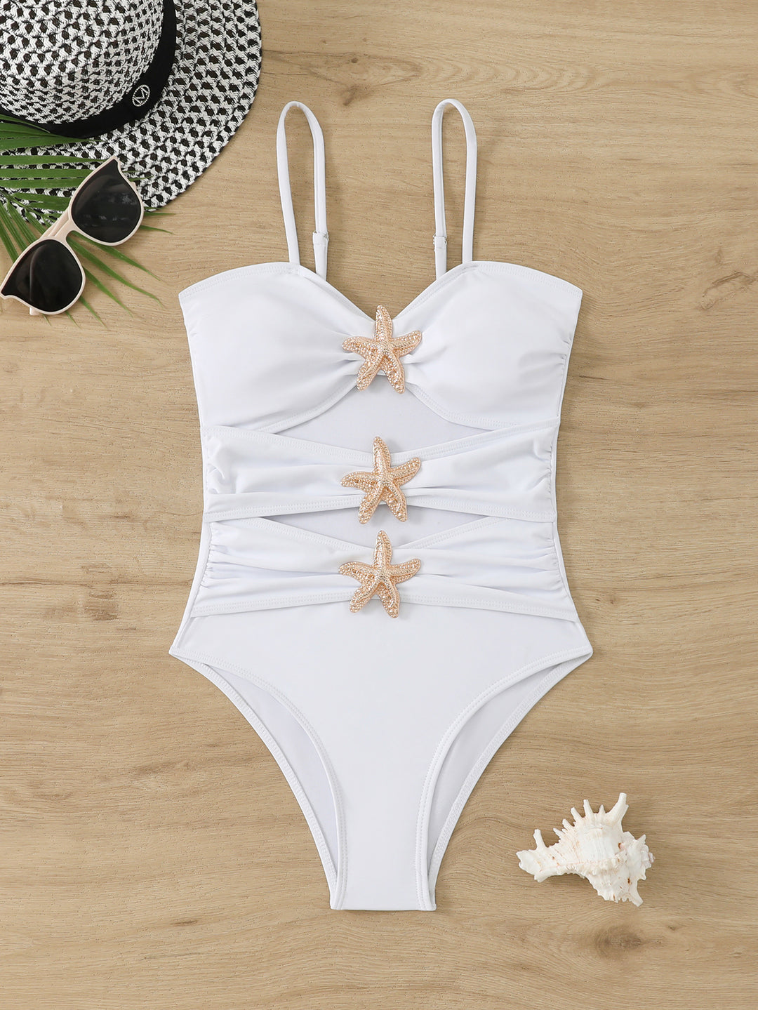 Women's one-piece swimsuit with fashionable gathers and glamorous star appliqués Mune Fashion