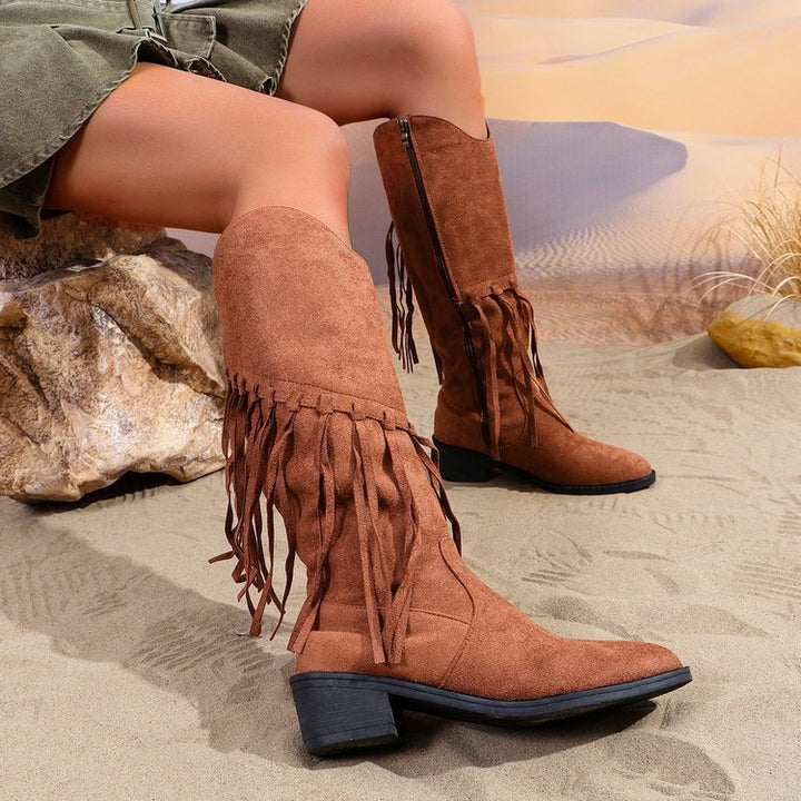Ladies fringed cowboy boots made of suede with pointed toe and side zipper Mune Fashion