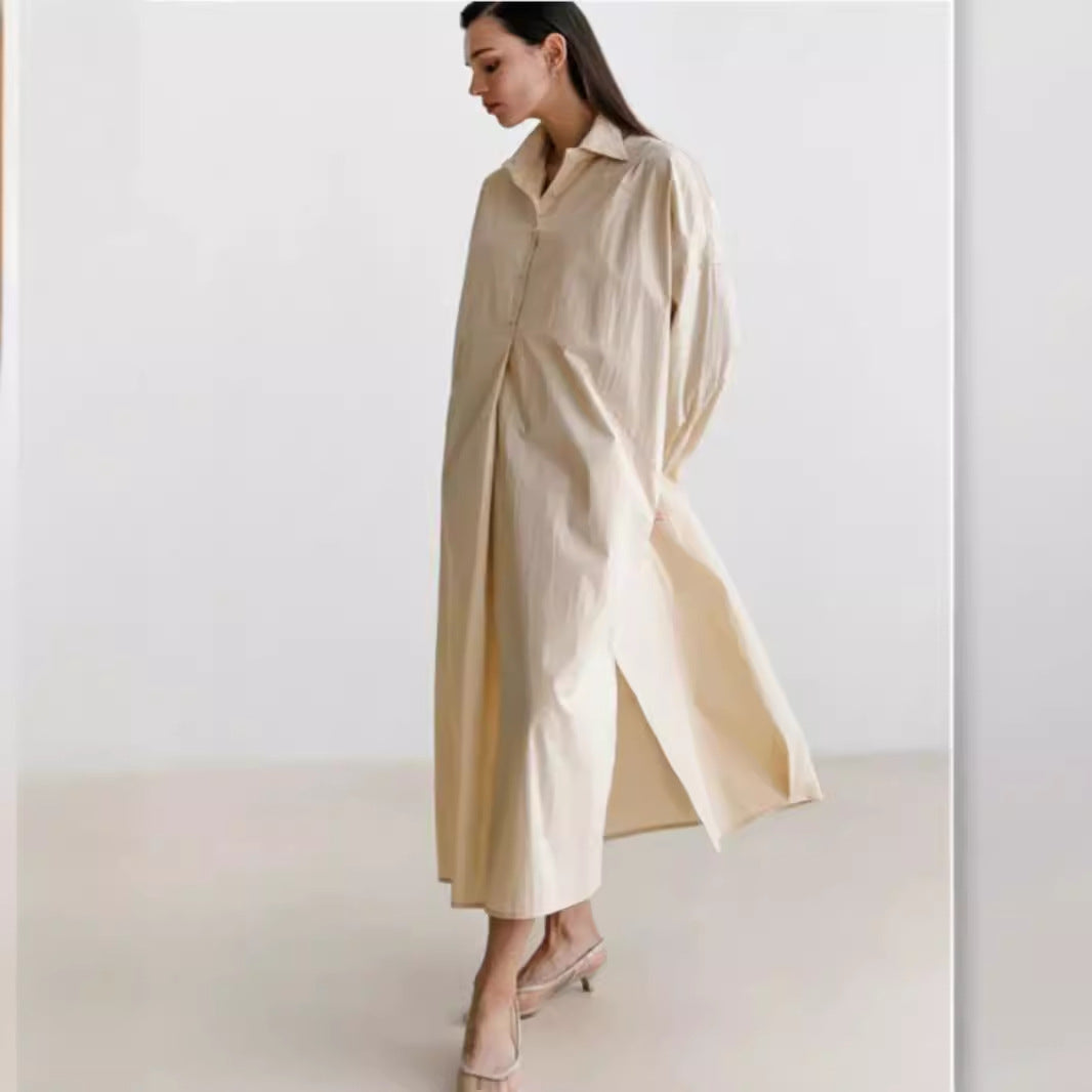 Women Flowing Oversized Shirt Dress with Kent Collar, Kimono Sleeves and Side Slits Mune Fashion