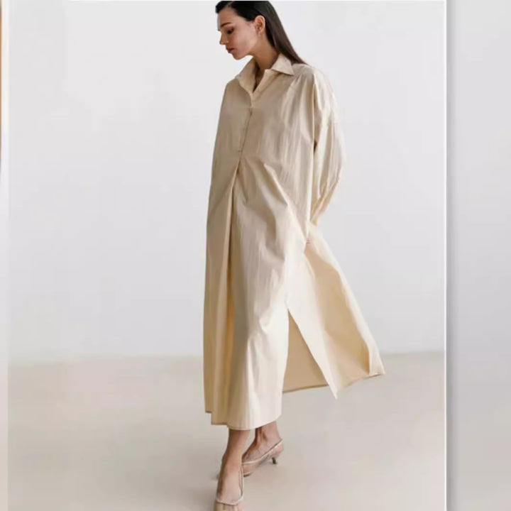 Women Flowing Oversized Shirt Dress with Kent Collar, Kimono Sleeves and Side Slits Mune Fashion