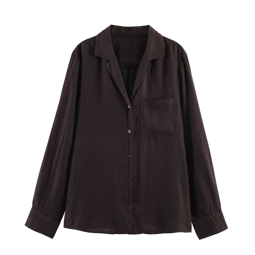 Women's Lightweight Linen Blouse with Shirt Collar, Chest Pocket and Loose Oversized Silhouette Mune Fashion