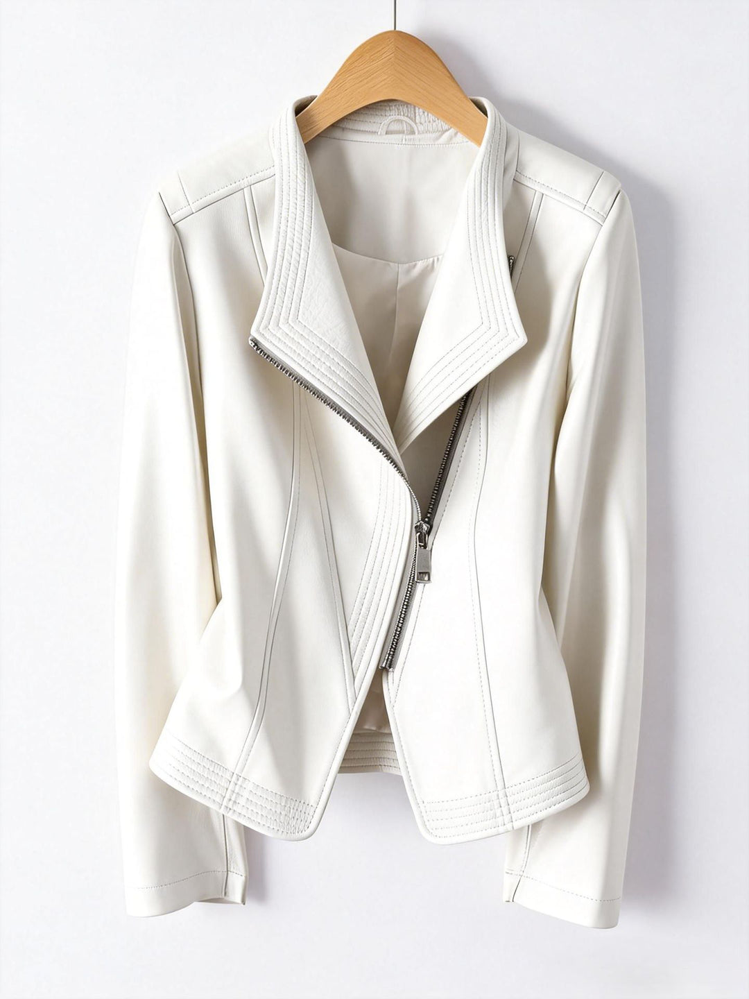 Women Fashionable Faux Leather Jacket with Asymmetrical Zipper Mune Fashion
