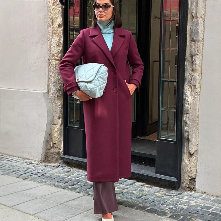 Women's Maxi Length Coat made of Wool Blend with Tailored Silhouette and Clean Lapel Mune Fashion