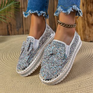 Women Glitter Platform Slippers with Bow Application and Profiled Comfort Sole Mune Fashion