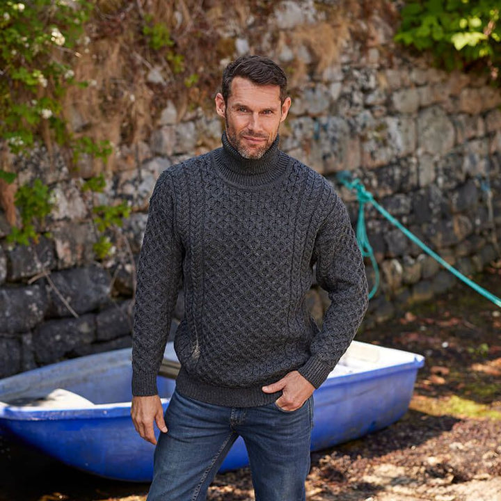 Men's knit pullover with stand-up collar and cable pattern