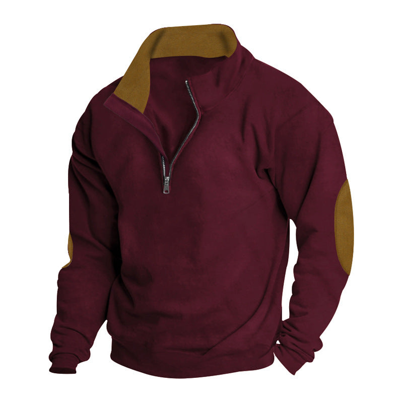 Men's short zip stand collar sweater with contrast collar and suede elbow patches Mune Fashion