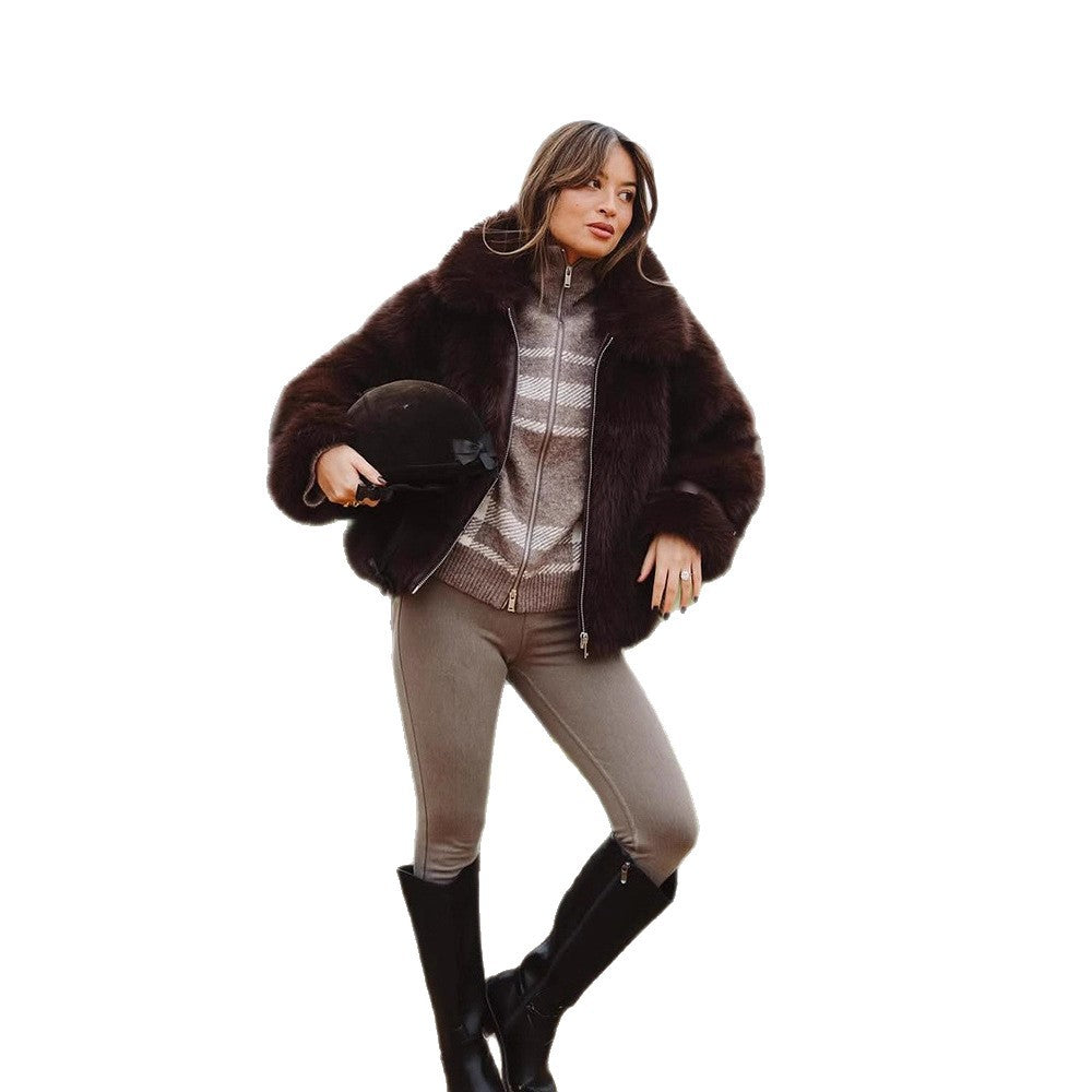 Women's Short Voluminous Faux Fur Bomber Jacket with Zipper and Shawl Collar Mune Fashion