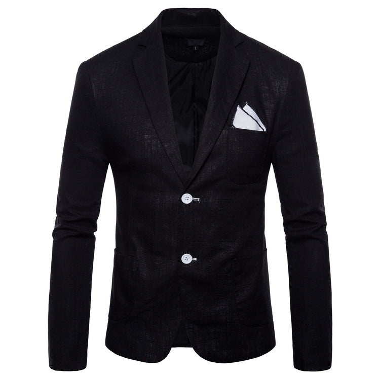 Men's elegant tailored linen blazer with notched collar, contrast buttons, and pocket square detail Mune Fashion