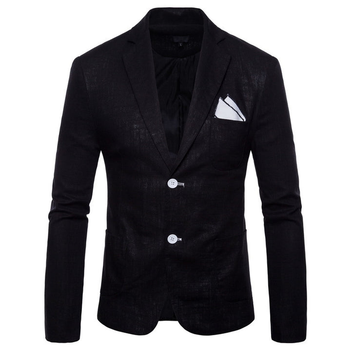 Men's elegant tailored linen blazer with notched collar, contrast buttons, and pocket square detail Mune Fashion