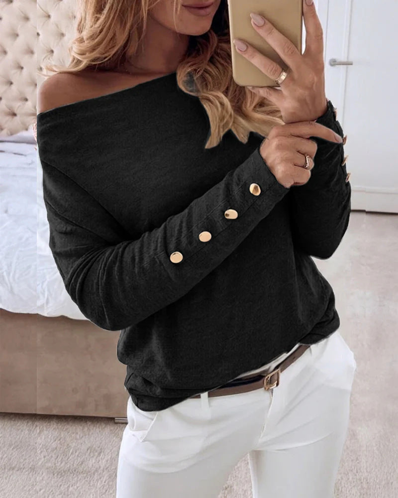Women's Off-shoulder fine knit pullover with decorative button placket on the sleeves Drune