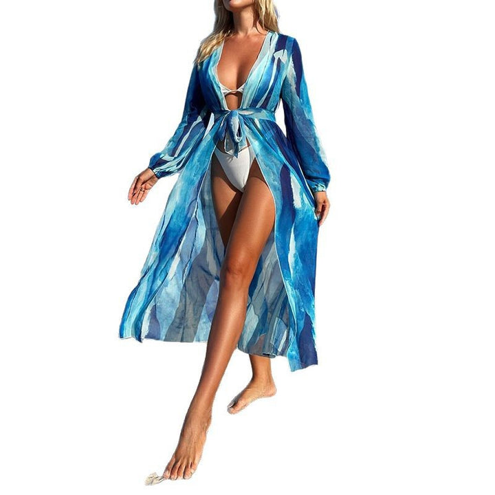 Women’s long beach cover-up with deep V-neck and tie belt Mune Fashion