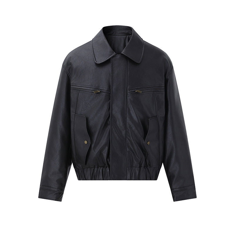 Men's Short Boxy Leather Blouson with Flap Pockets and Elastic Waistband Mune Fashion