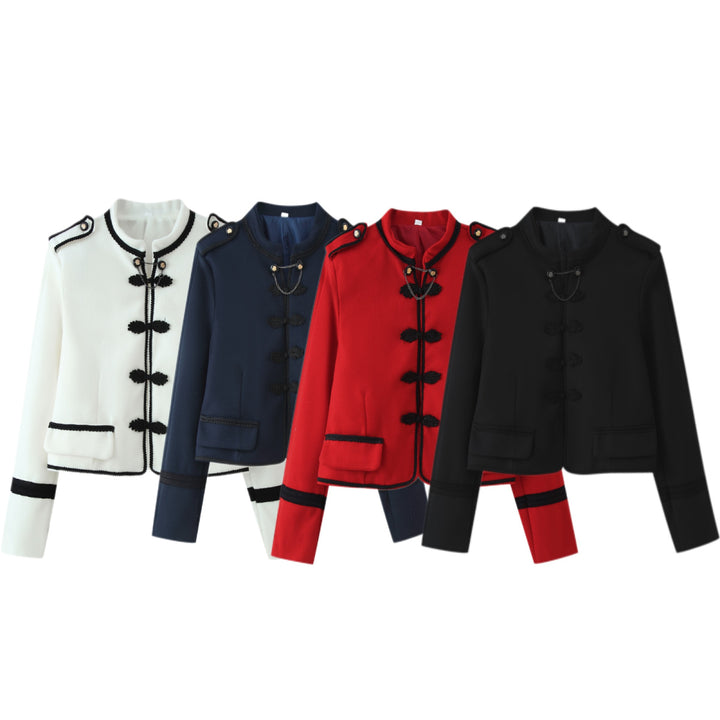 Women Short Blazer with Stand-up Collar, Decorative Knot and Epaulettes Mune Fashion