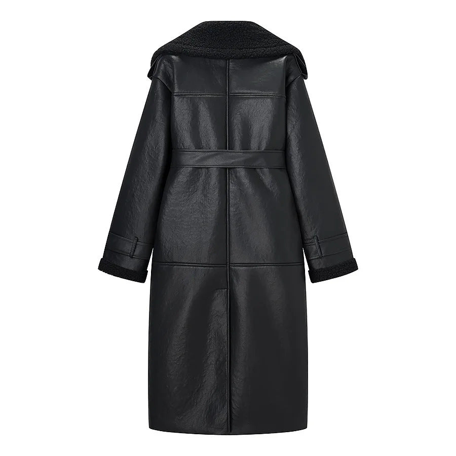 Women nan longer faux leather coat with teddy lining, wide shawl collar and tie belt Mune Fashion