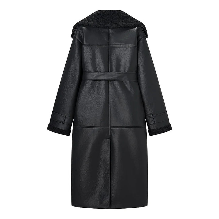 Women nan longer faux leather coat with teddy lining, wide shawl collar and tie belt Mune Fashion