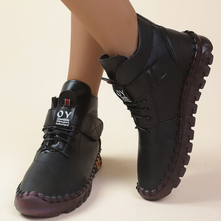 Women ankle-high comfort lace-up booties with Velcro closure and textured rubber outsole Mune Fashion