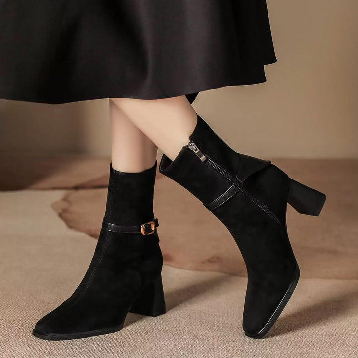 Women's elegant suede ankle boot with medium block heel and decorative buckle strap Mune Fashion