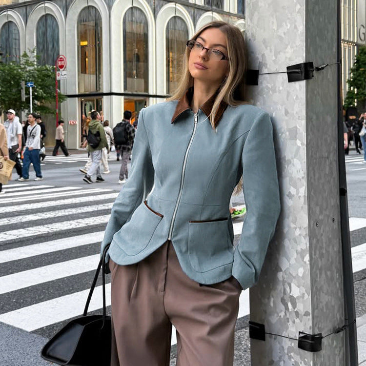 Women's Fitted Velvet Blazer with Zipper and Contrast Collar Mune Fashion