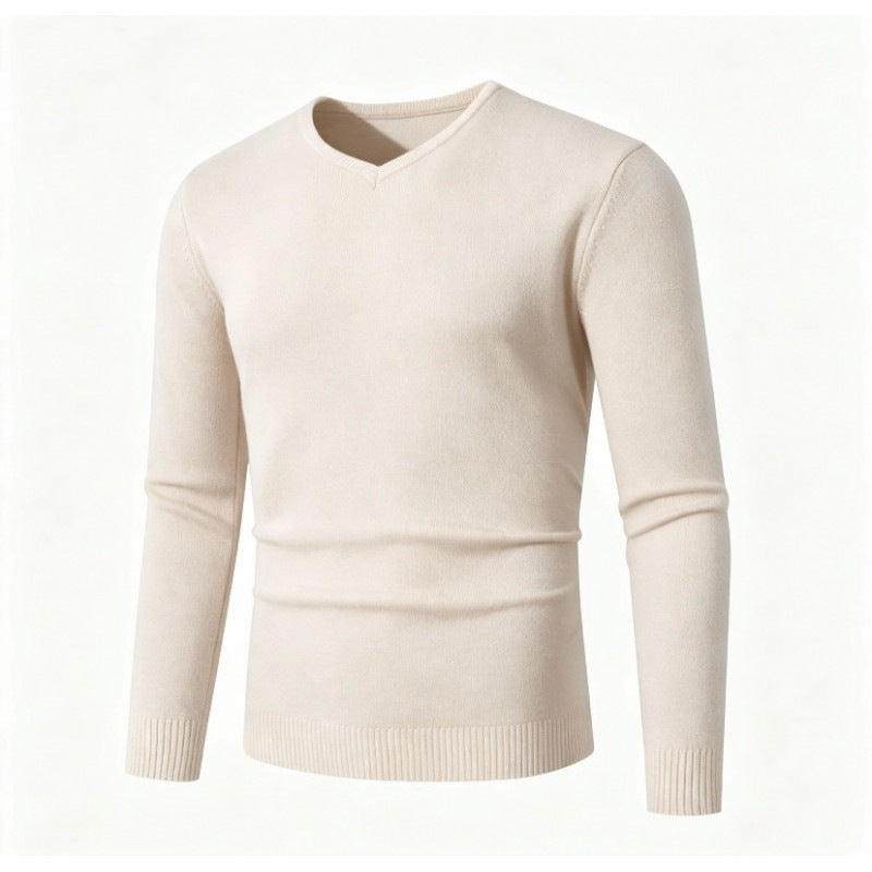 Men's Fine V-Neck Fine Knit Sweater with Narrow Ribbed Hem Mune Fashion