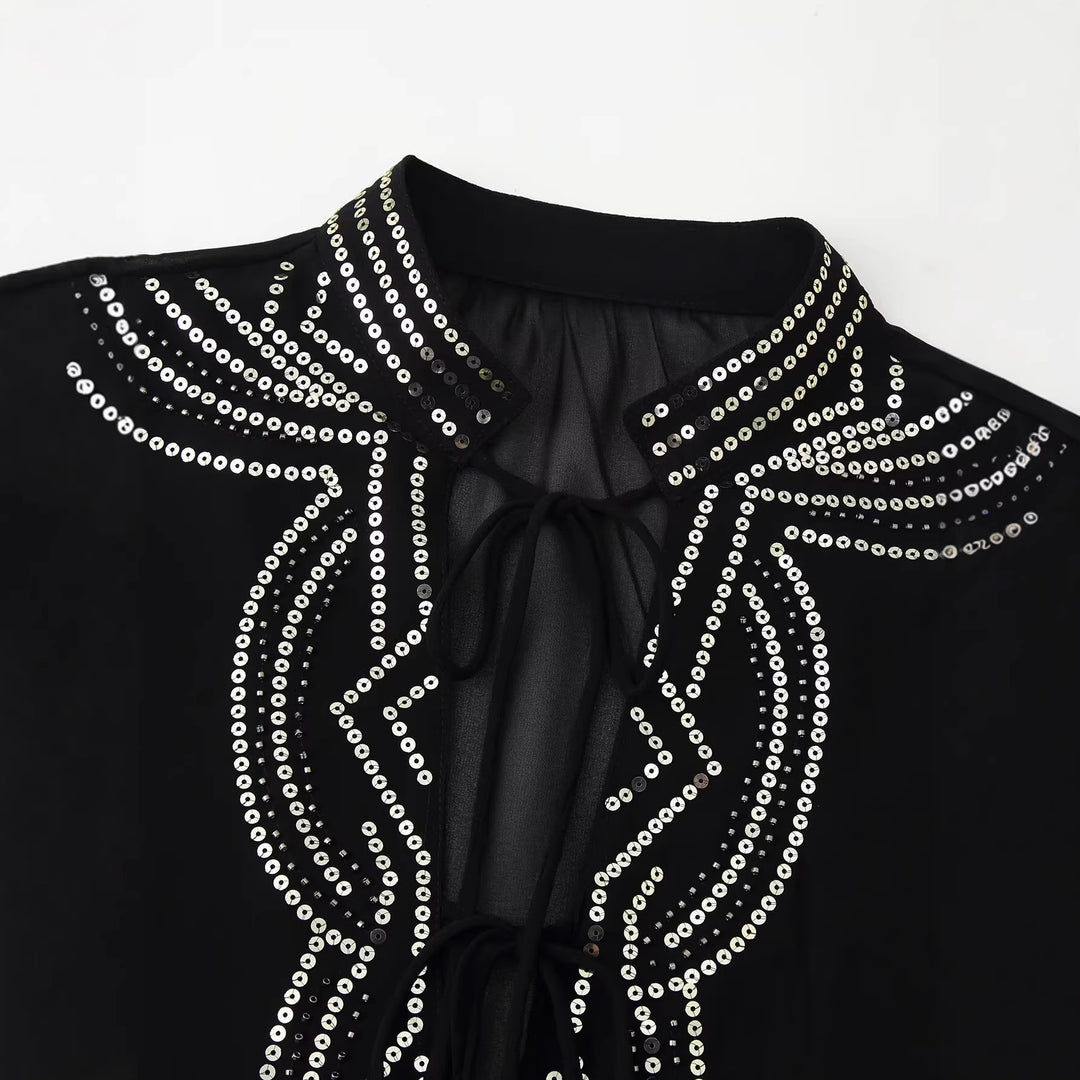 Women Chiffon blouse with sequin trim, balloon sleeves and tie collar Mune Fashion