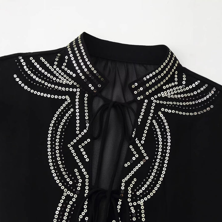 Women Chiffon blouse with sequin trim, balloon sleeves and tie collar Mune Fashion
