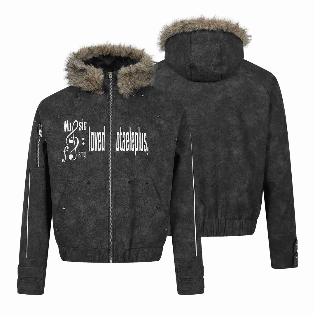 Men's Short-Cut Suede-Look Bomber with Hood, Faux Fur Trim and Statement Print