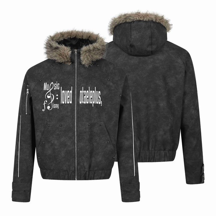 Men's Short-Cut Suede-Look Bomber with Hood, Faux Fur Trim and Statement Print