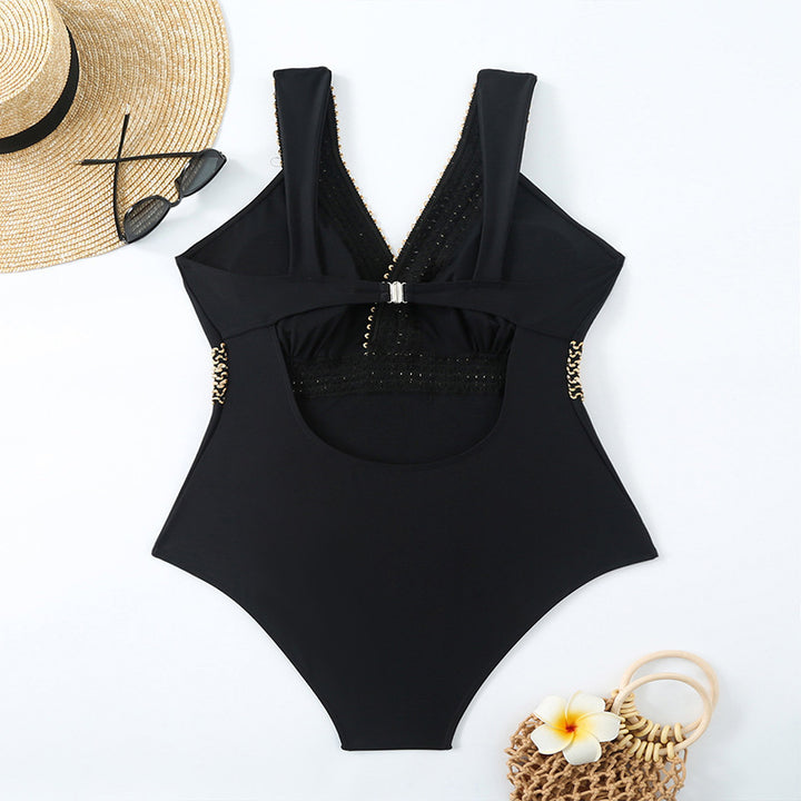 Women's one-piece swimsuit with glamorous V-neckline and golden accents Mune Fashion