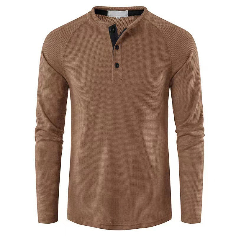 Men's structured henley long-sleeve shirt with waffle texture, half-button placket, and raglan sleeves Mune Fashion