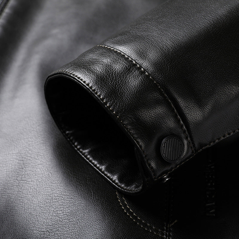 Men's Minimalistic Leather Look Transitional Jacket with Stand Collar and Two-Way Zipper Mune Fashion