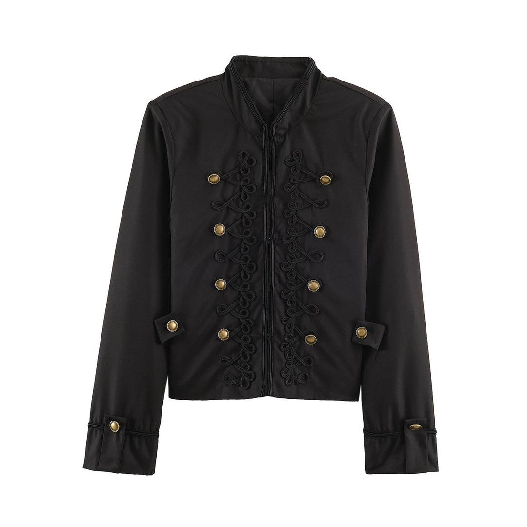 Women's Short Military Style Jacket with Ornamental Cord and Button Decoration Mune Fashion