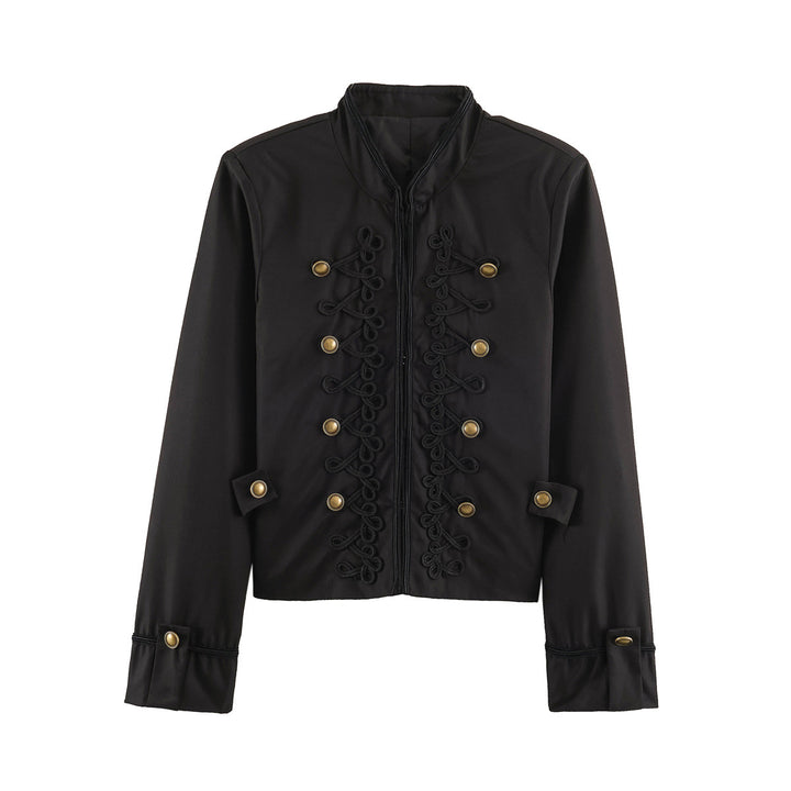 Women's Short Military Style Jacket with Ornamental Cord and Button Decoration Mune Fashion