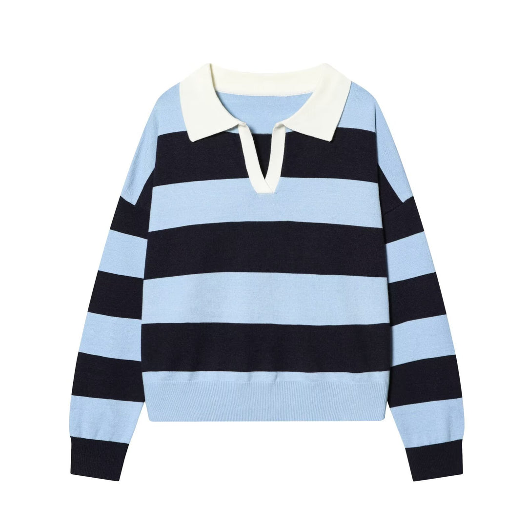 Women Oversize Cropped Rugby Sweater with Polo Collar and V-Neck Mune Fashion