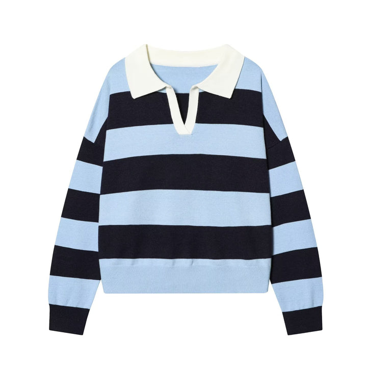 Women Oversize Cropped Rugby Sweater with Polo Collar and V-Neck Mune Fashion