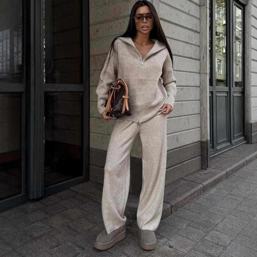 Ladies fine knit loungewear set with two-way zipper and wide lapel Mune Fashion