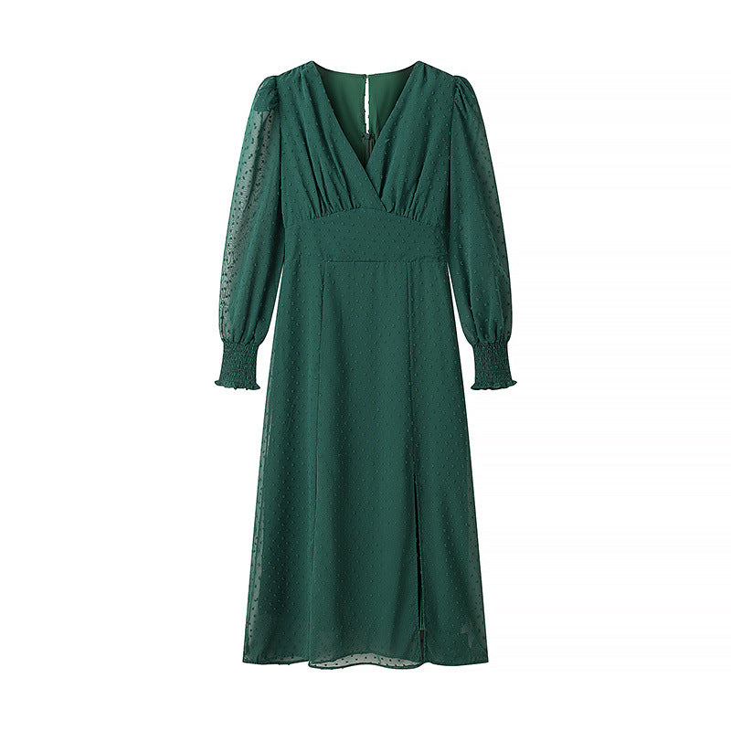 Women's gathered V-Neck midi dress with dot structure, smocked cuffs and side slit Mune Fashion