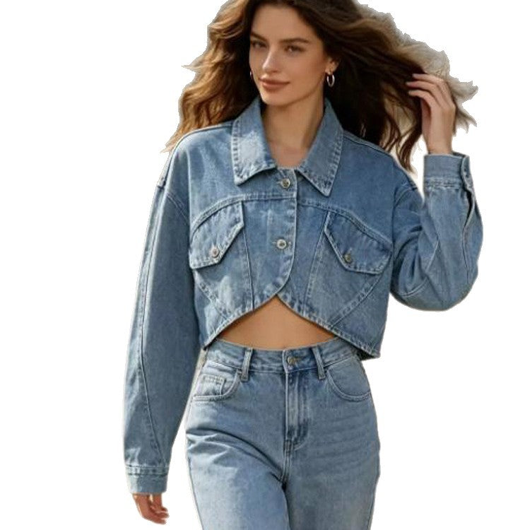 Women's Cropped Denim Jacket with Curved Hem and Flap Pockets Mune Fashion