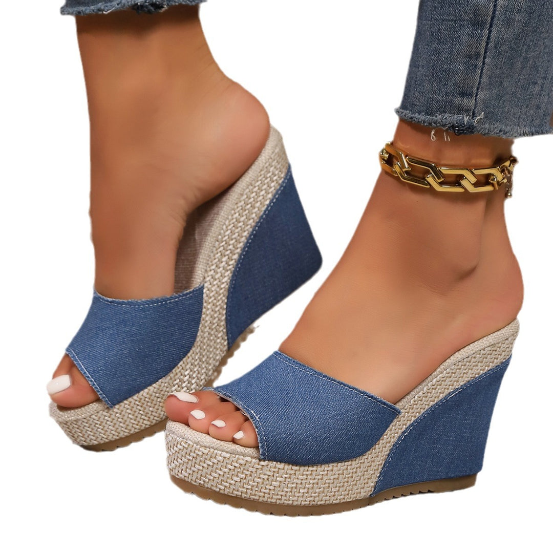 Women's nano monogrammed slip-on wedge sandal with woven raffia look platform and padded comfort insole Mune Fashion