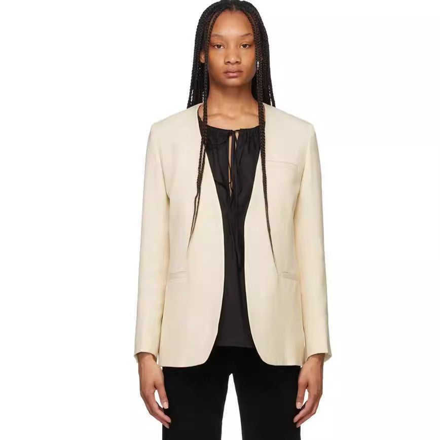 Women Collarless Long Blazer with Open Fall and Cape Effect Mune Fashion