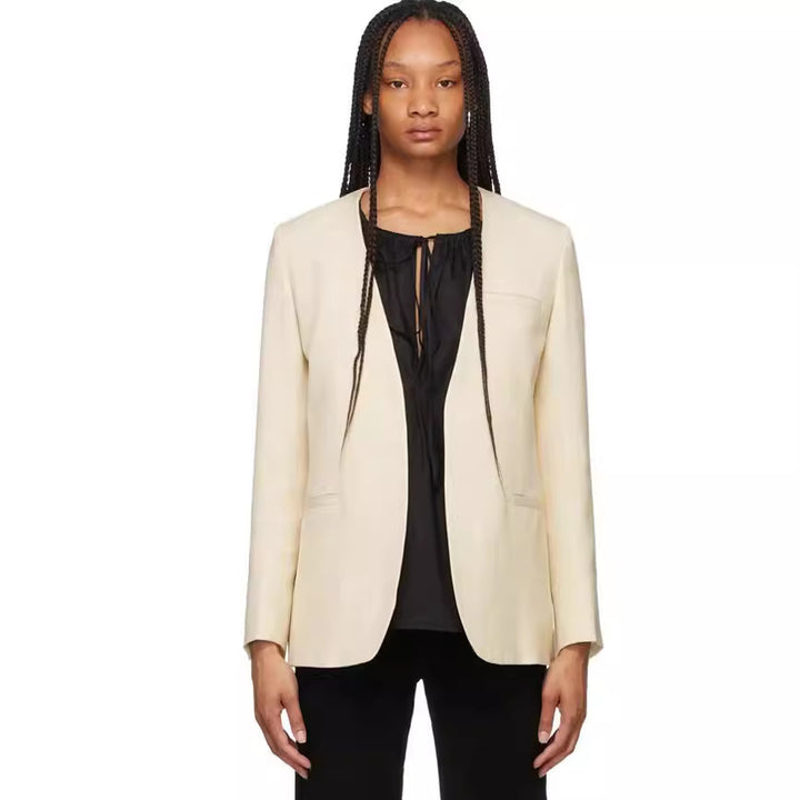 Women Collarless Long Blazer with Open Fall and Cape Effect Mune Fashion
