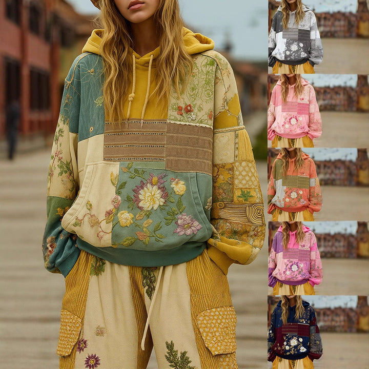 Women's Embroidered Patchwork Hoodie with Flower Applique and Kangaroo Pocket Mune Fashion
