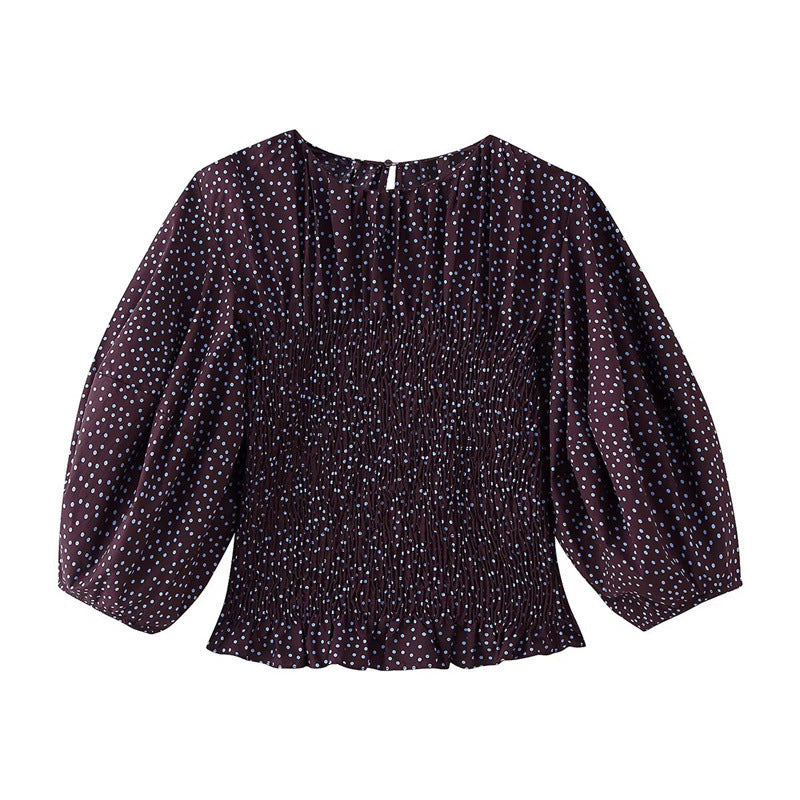 Women gathered polka dot top with elastic smocked body, balloon sleeves and ruffle hem Mune Fashion