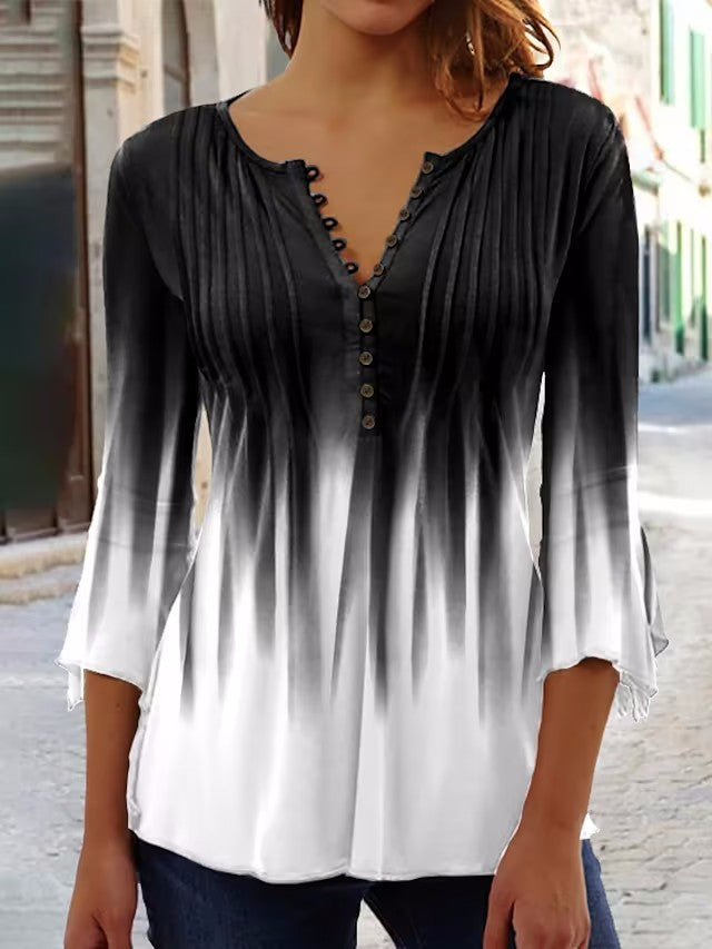 Women's airy tunic blouse with fine pleat yoke, half button placket, and three-quarter bell sleeves Mune Fashion