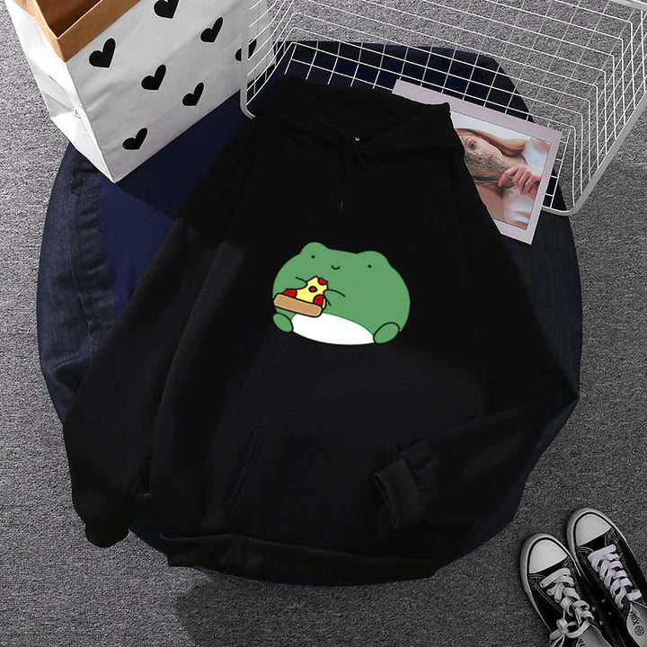 Women's cozy hoodie with kawaii frog pizza design and oversized relax fit Mune Fashion