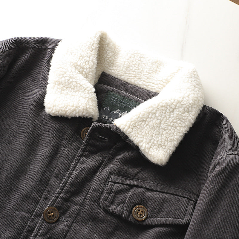 Men's non-padded cord jacket with teddy collar, button placket and patch pockets.