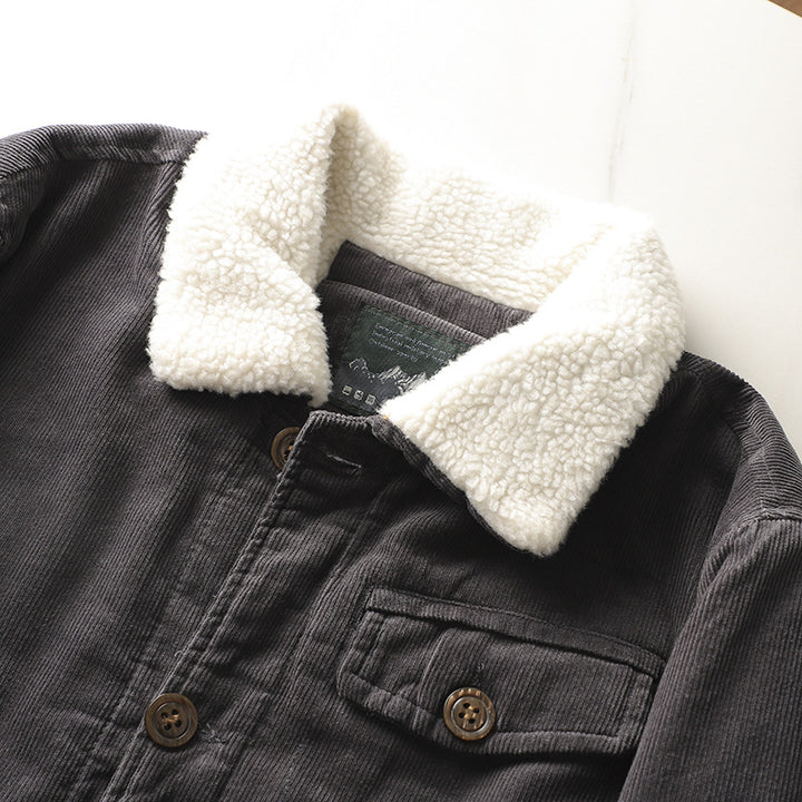 Men's non-padded cord jacket with teddy collar, button placket and patch pockets.