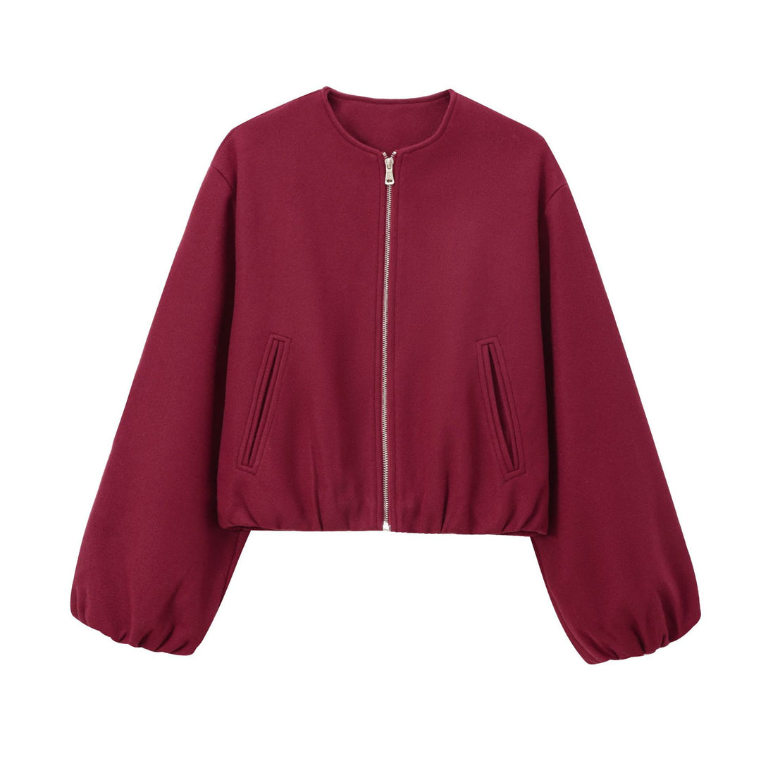Women Short Bomber Jacket with Round Neck, Zipper and Elastic Hem Mune Fashion