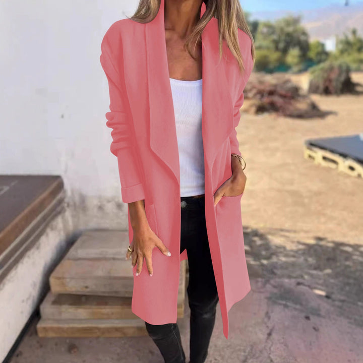 Women Longline Blazer with Shawl Collar, Open Cut and Patch Pockets Mune Fashion