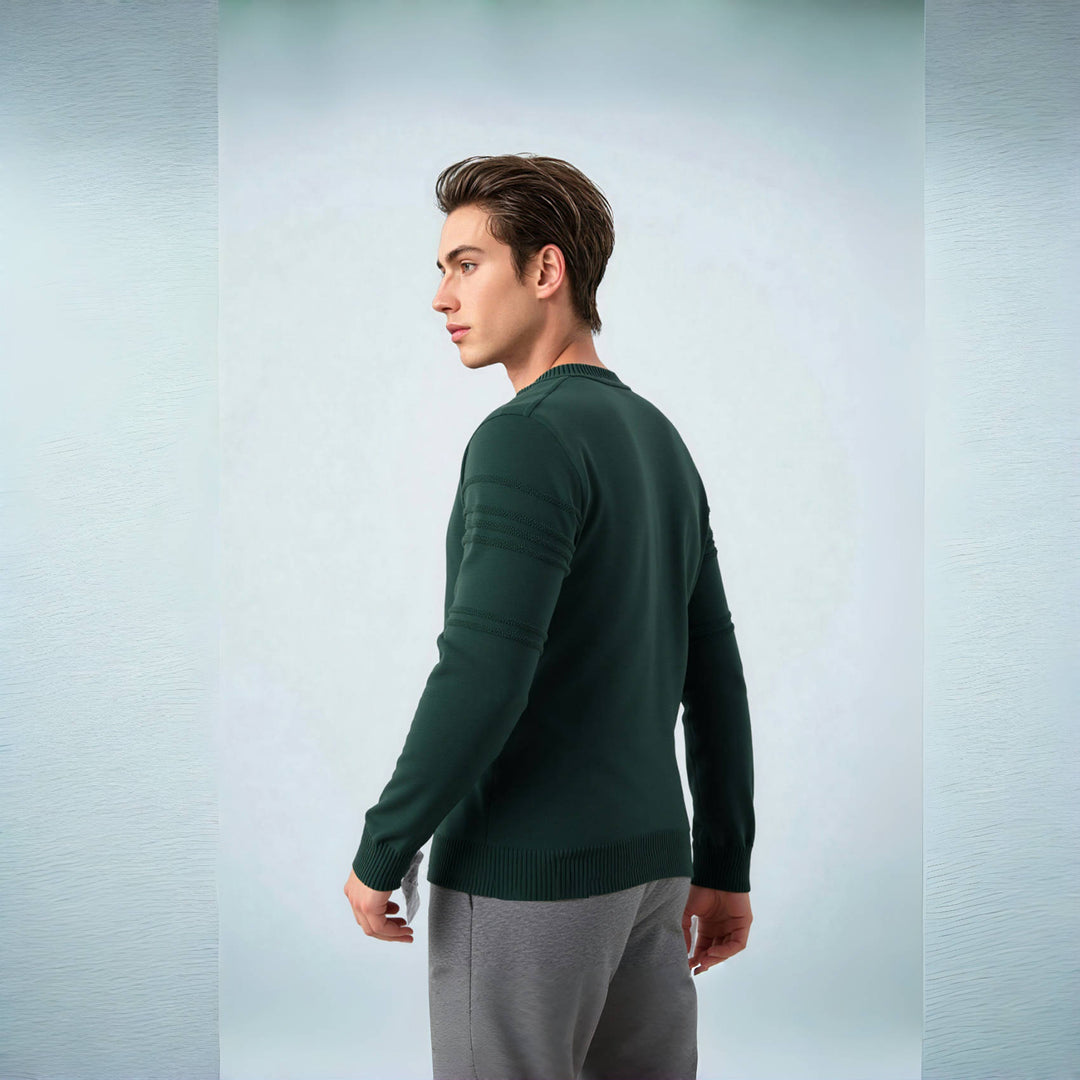 Men's Structured Fine Knit Pullover with Round Neck and Decorative Stripe Relief Seams Mune Fashion