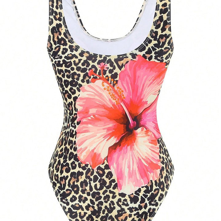 Women's one-piece swimsuit with floral accents and animal print Mune Fashion